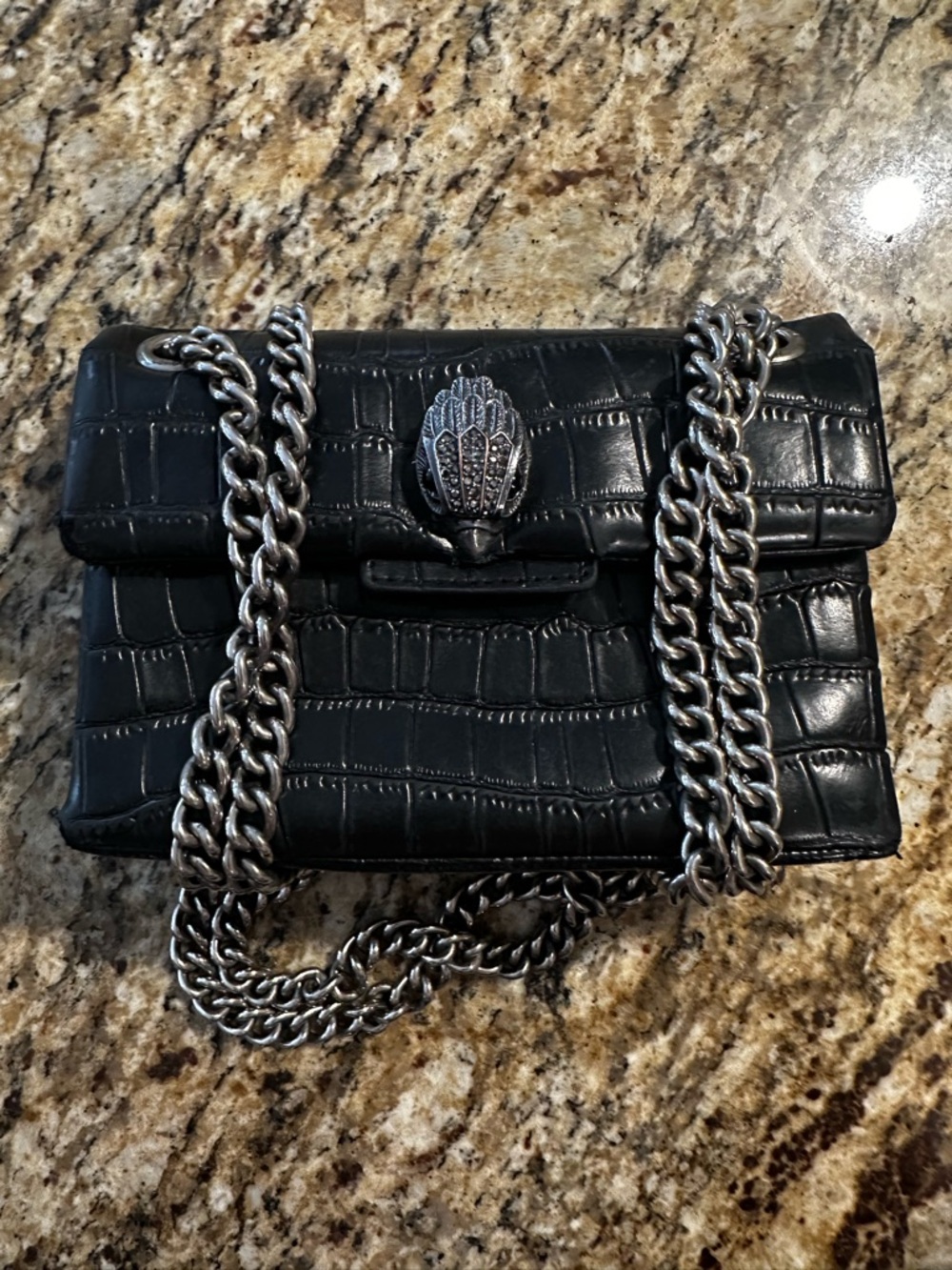 Kurt Geiger Black Croc-Embossed Leather Crossbody with Silver Chain